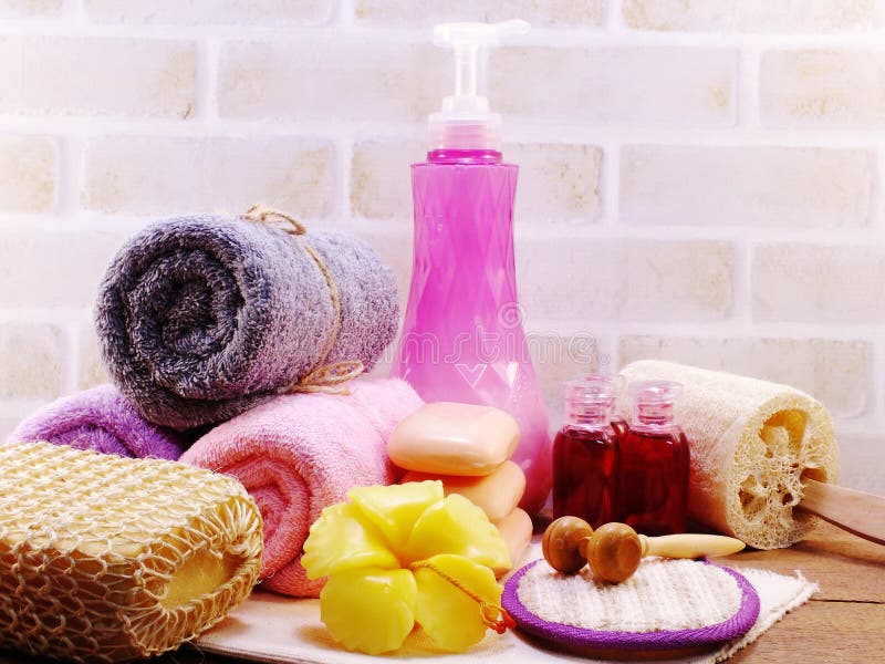 Spa accessories with Shampoo soap and shower cream bathroom products