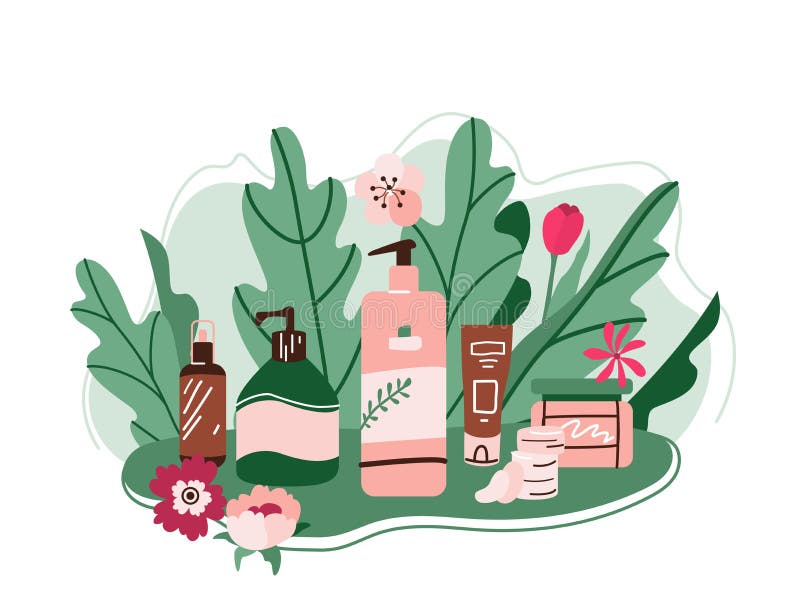 Hygiene product with colorful bottles, jars and tubes with organic cosmetics background vector illustration. Skincare