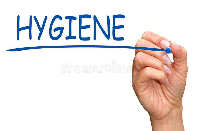 Hygiëne - vrouwelijke hand het schrijven tekst met blauwe teller royalty-vrije stock afbeelding Hygiëne - vrouwelijke hand het schrijven tekst met blauwe teller royalty-vrije stock afbeelding