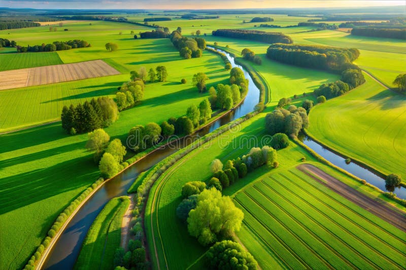 Hyper-detailed aerial image, plane view, green fields, river, trees, image royalty free illustration.