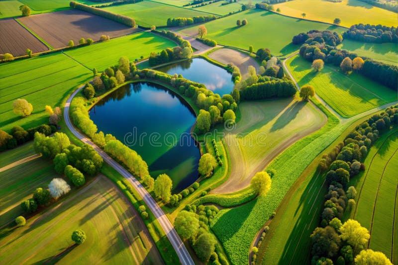 Hyper-detailed aerial image, plane view, green fields, river, trees, image royalty free illustration.