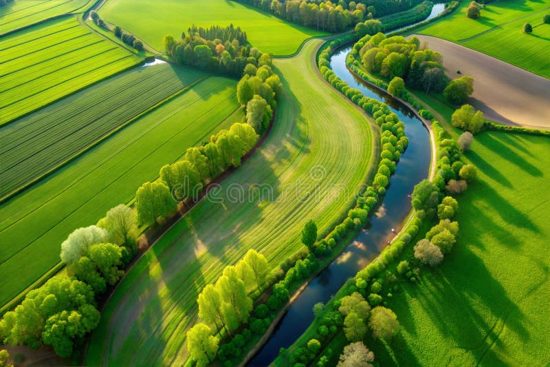 Hyper-detailed aerial image, plane view, green fields, river, trees, image vector illustration.