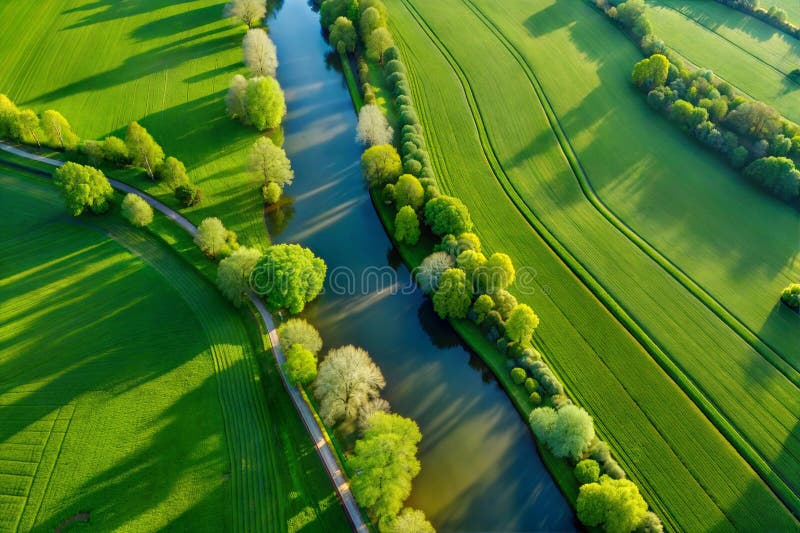 Hyper-detailed aerial image, plane view, green fields, river, trees, image stock illustration.