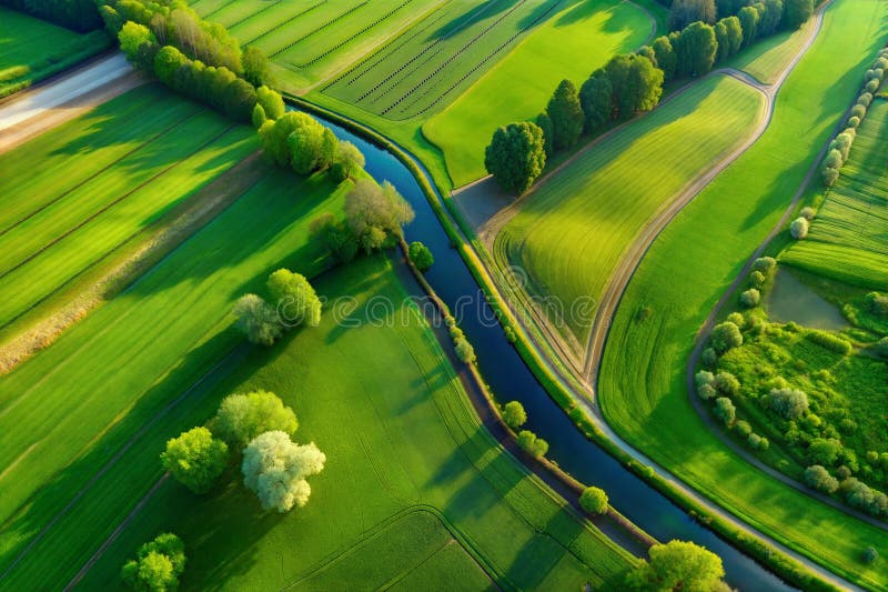 Hyper-detailed aerial image, plane view, green fields, river, trees, image vector illustration.