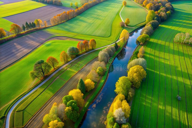 Hyper-detailed aerial image, plane view, green fields, river, trees, image vector illustration.