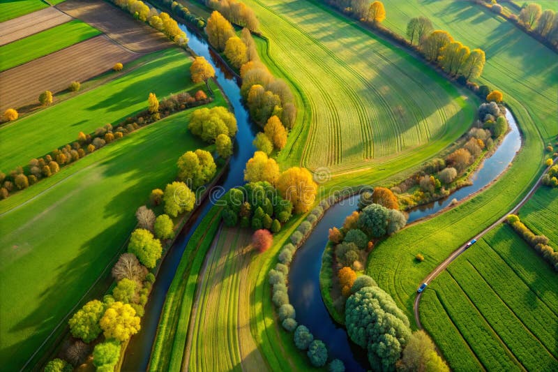 Hyper-detailed aerial image, plane view, green fields, river, trees, image stock illustration.