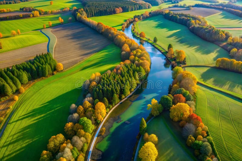 Hyper-detailed aerial image, plane view, green fields, river, trees, image royalty free illustration.