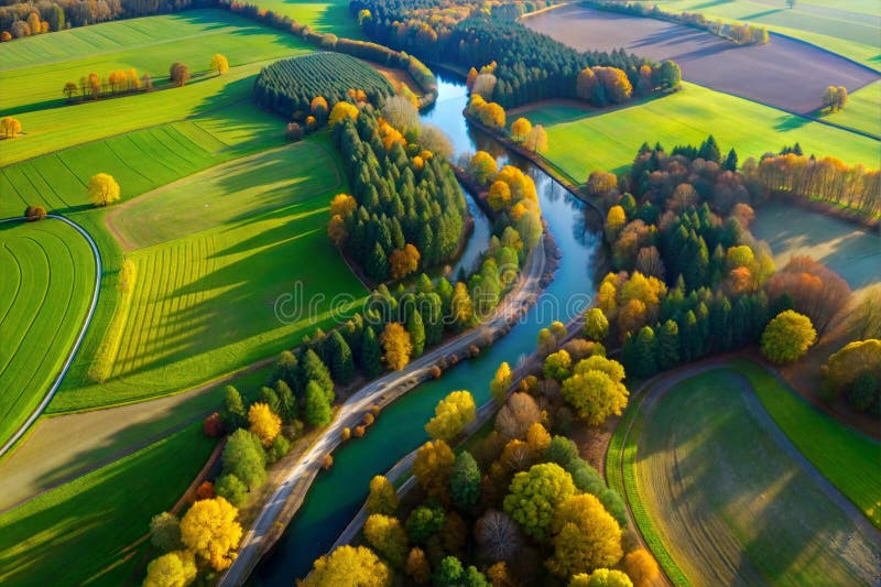 Hyper-detailed aerial image, plane view, green fields, river, trees, image royalty free illustration.