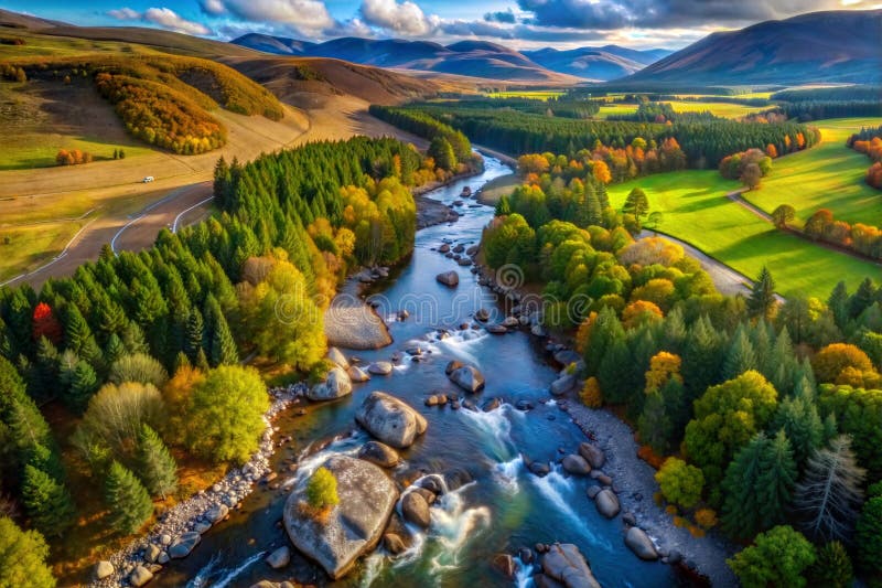 Hyper-detailed aerial image, plane view, green fields, river, trees, image royalty free illustration.