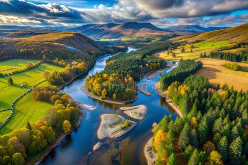 Hyper-detailed aerial image, plane view, green fields, river, trees, image stock illustration.