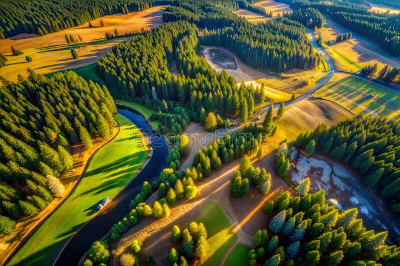Hyper-detailed aerial image, plane view, green fields, river, trees, image stock illustration.