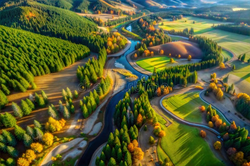 Hyper-detailed aerial image, plane view, green fields, river, trees, image stock illustration.