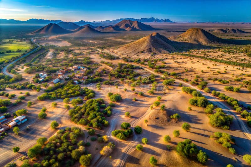 Hyper-detailed aerial image, plane view, green fields, river, trees, image vector illustration.