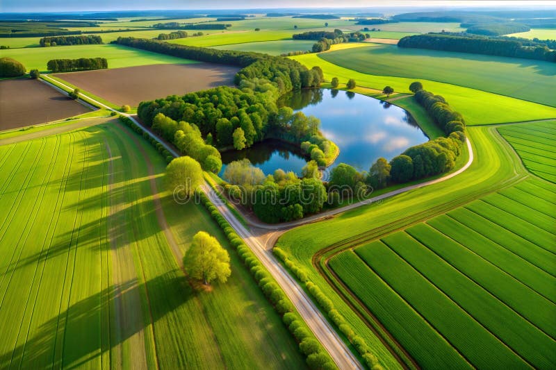 Hyper-detailed aerial image, plane view, green fields, river, trees, image royalty free illustration.