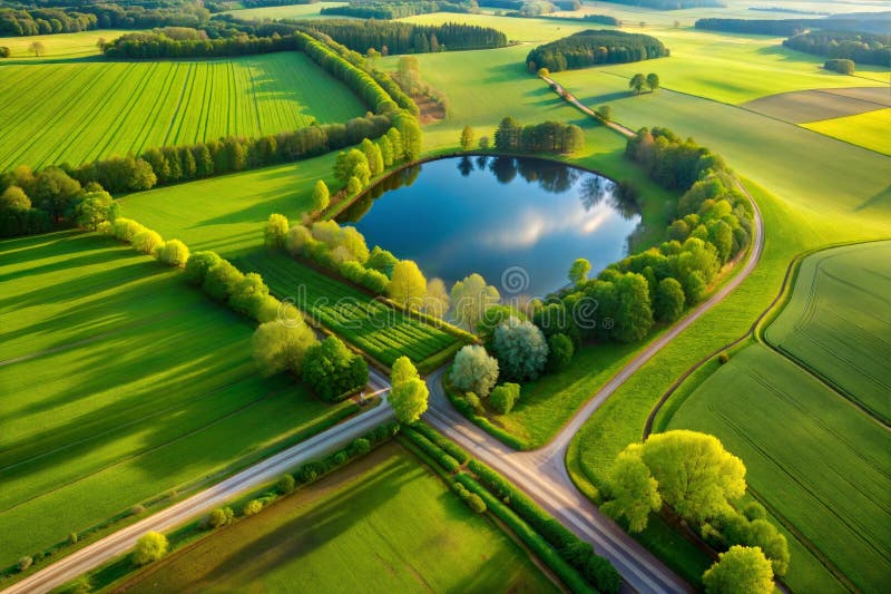 Hyper-detailed aerial image, plane view, green fields, river, trees, image royalty free illustration.