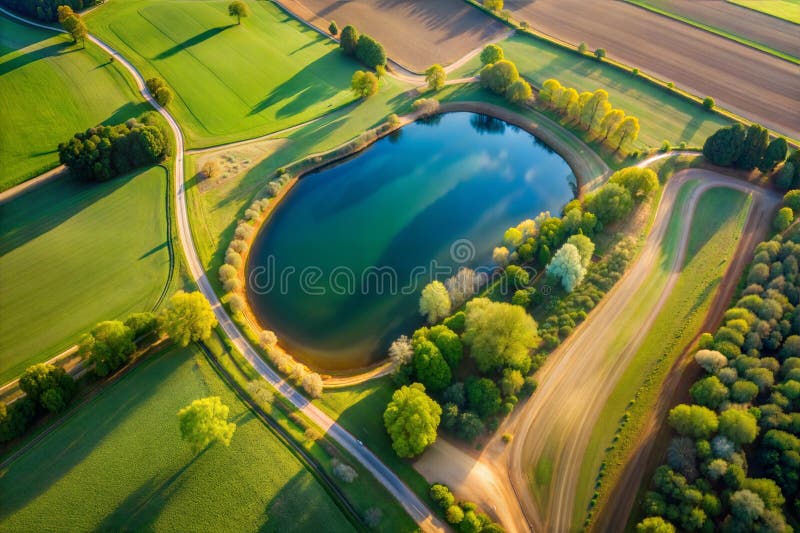 Hyper-detailed aerial image, plane view, green fields, river, trees, image vector illustration.