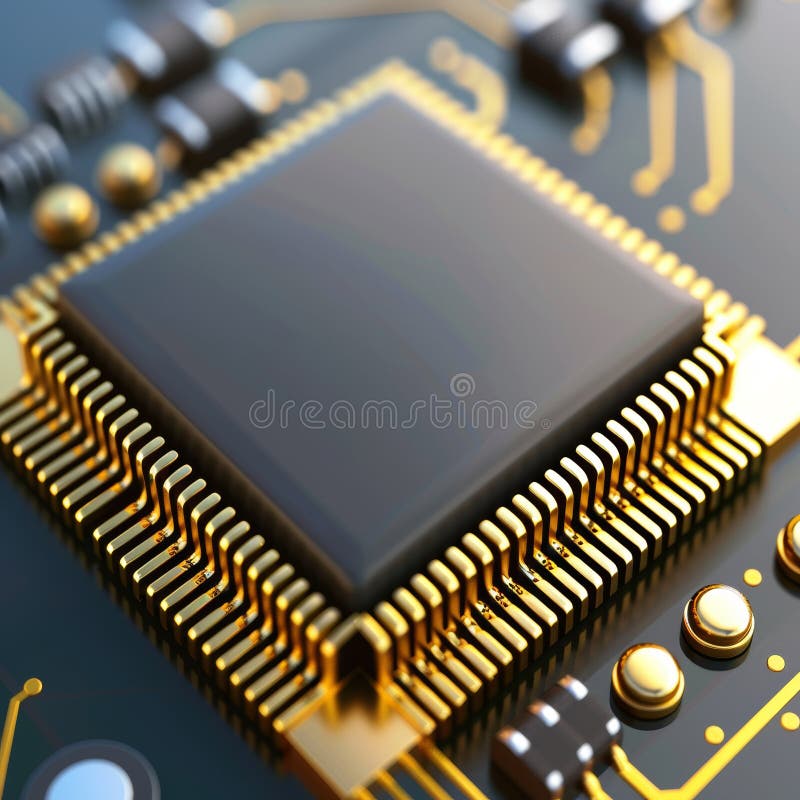 Hyper realistic close up of computer chip with soft glowing circuits for detailed visualization royalty free illustration