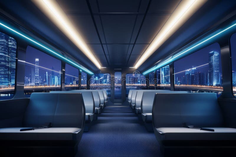 A hyper-realistic 3D background of a high-speed train interior, with sleek, minimalist design and