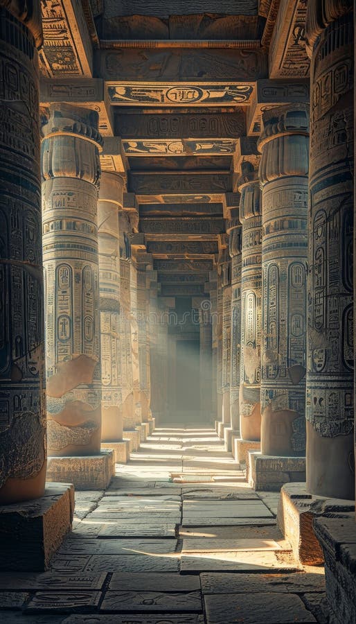 Hyper realistic photo showcasing ancient temple corridor flanked by majestic towering columns stock illustration