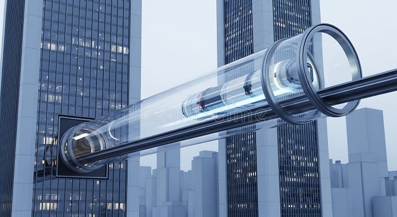 Φουτουριστική κάψουλα μεταφοράς hyperloop υψηλής ταχύτητας που ταξιδεύει ανάμεσα σε ψηλούς ουρανοξύστες στοκ φωτογραφίες