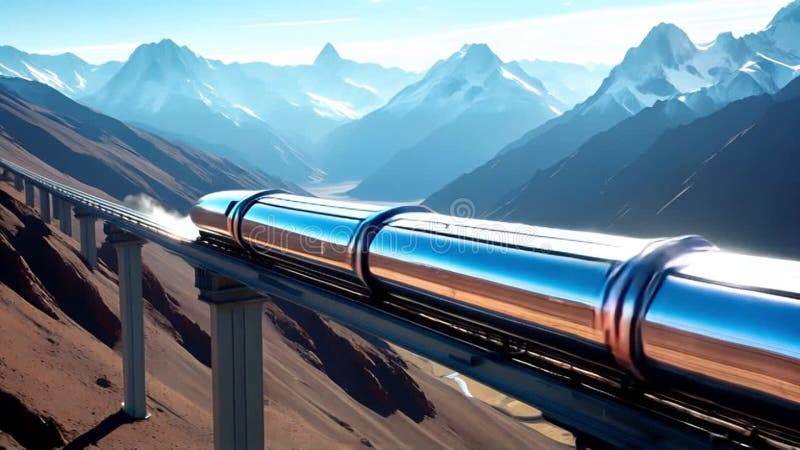 futuristic 3D rendering of hyperloop tube transport system with sleek pods on elevated tracks through mountainous landscape