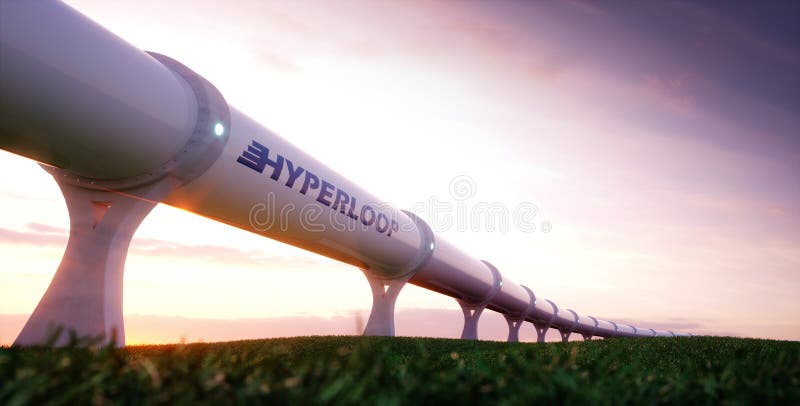 Hyperloop transportation concept. Futuristic transportation technology in evening environment. 3d rendering. Hyperloop transportation concept. Futuristic transportation technology in evening environment. 3d rendering.