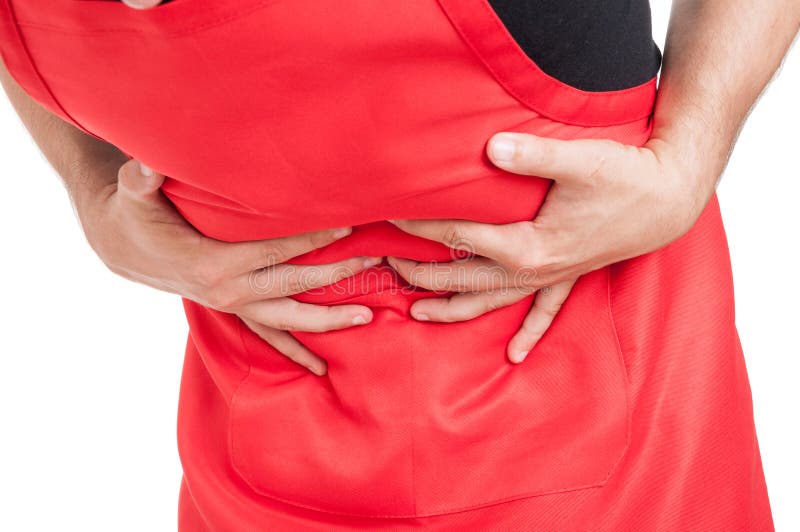Hypermarket employee in close-up having abdominal problem as indigestion concept isolated on white background