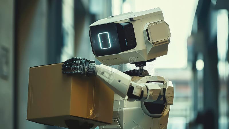 Hyperrealism. Robotic cobot for carrying boxes Generated with AI royalty free illustration