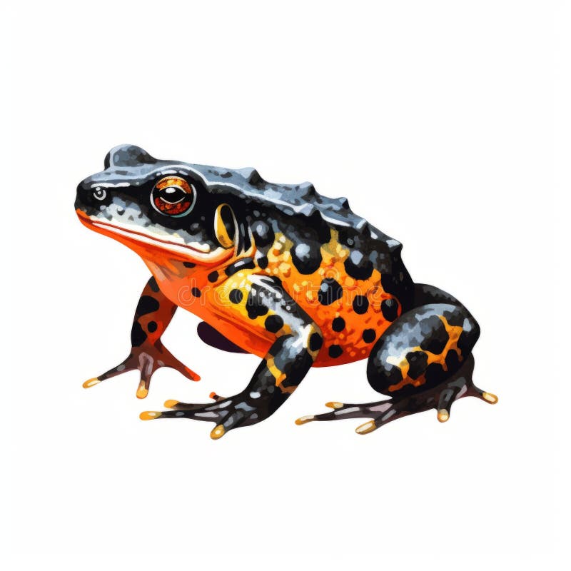 Hyperrealistic Orange and Black Spotted Frog on White Background Stock