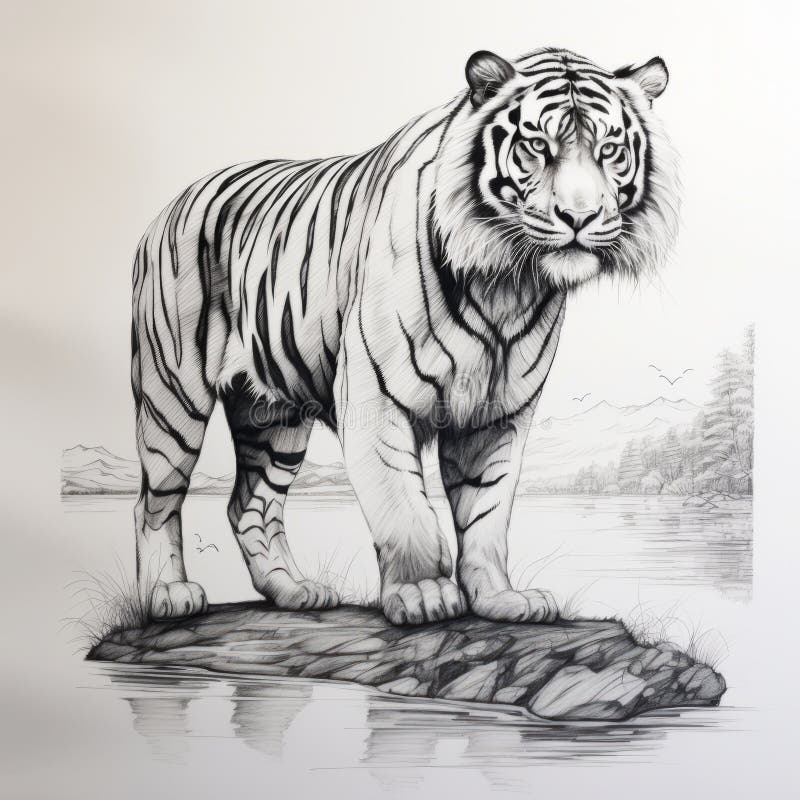 Hyperrealistic Tiger Drawing On Rock: Detailed Linework And Elegant Inking Techniques vector illustration