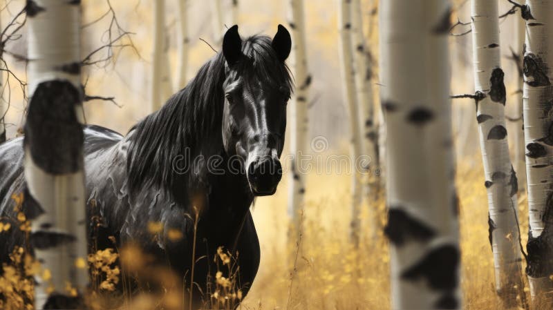 black horse standing in the grass, exuding a sense of untamed wilderness. the horse's sleek black coat contrasts beautifully with the amber hues of the surrounding landscape. this atmospheric woodland imagery captures the essence of a romanticized scene. the dynamic brushwork vibrations add depth and movement to the composition, reminiscent of whistlerian art. a captivating photograph with a touch, AI generated. black horse standing in the grass, exuding a sense of untamed wilderness. the horse's sleek black coat contrasts beautifully with the amber hues of the surrounding landscape. this atmospheric woodland imagery captures the essence of a romanticized scene. the dynamic brushwork vibrations add depth and movement to the composition, reminiscent of whistlerian art. a captivating photograph with a touch, AI generated