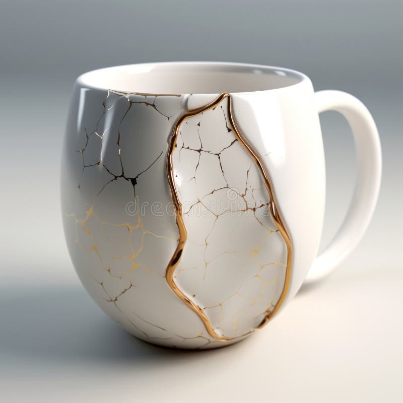 Hyperrealistischer Kaffeekrug mit weißen Rissen, dunkelweiß und helles Gold lizenzfreie abbildung