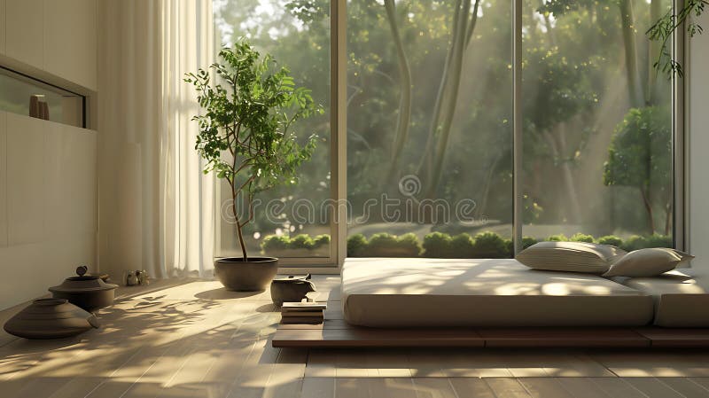Hyperrealistisches minimalistisches Wohnzimmer sanftes natürliches Licht, einzelne Topfpflanzen sauber Linien lizenzfreie stockbilder
