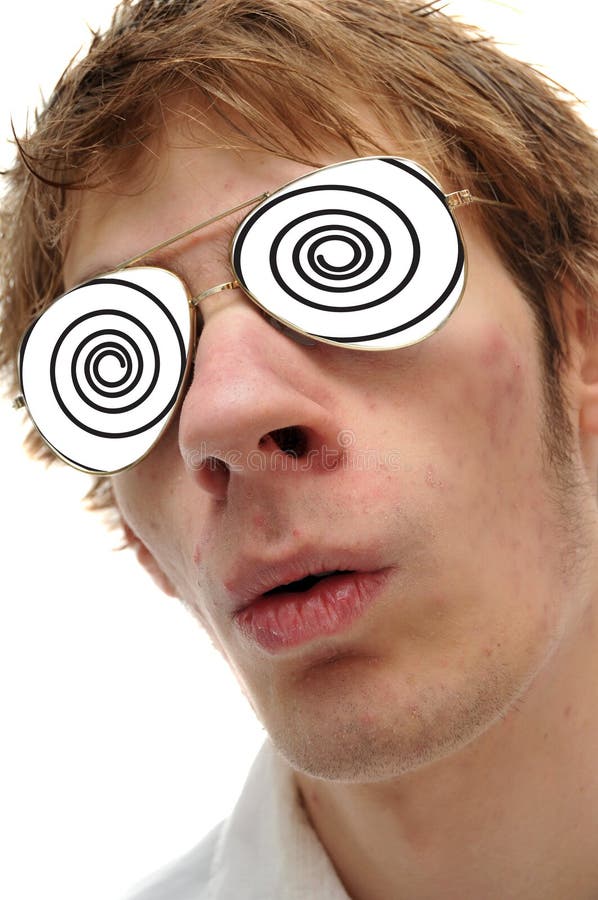 Man with black and white spirals in his aviator glasses being hypnotized. Man with black and white spirals in his aviator glasses being hypnotized.
