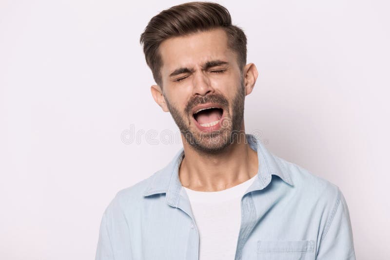 Hysterical Guy Closed Eyes Screaming or Whines Isolated on White Stock ...