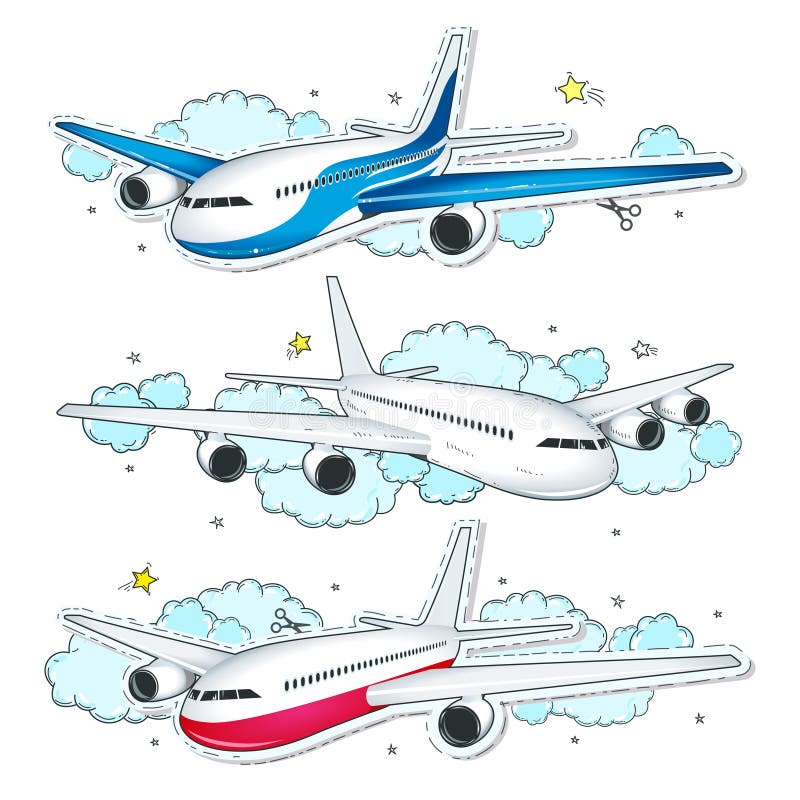 Hyvlar fastställt flygplan för vektorn, av färgrika symboler för komisk stil stock illustrationer Hyvlar fastställt flygplan för vektorn, av färgrika symboler för komisk stil stock illustrationer
