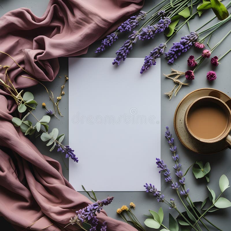 Hârtie albă cu linie plată și plat de primăvară confortabilă cu flori și cafea stock illustration