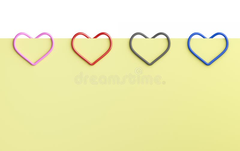 Hârtie pentru note galbene și hârtie colorată în formă de inimă, izolată pe fond alb pentru conceptul de business pentru birou ata royalty free illustration