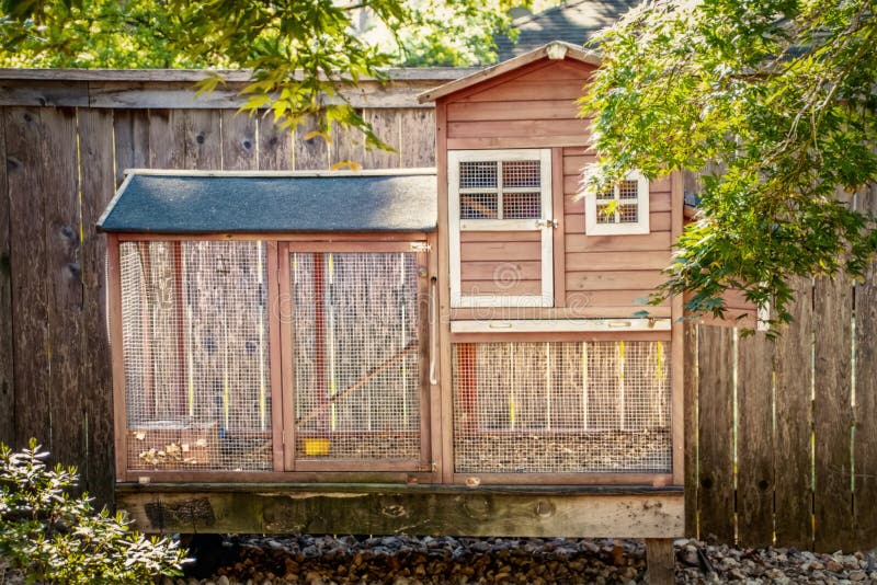 Hähnchenkugel aus Holz und Draht im Hinterhof mit Privatzaun und Blattwerk stockbild