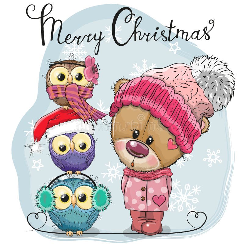 Hälsa julkortet gulliga Teddy Bear och tre ugglor royaltyfri illustrationer Hälsa julkortet gulliga Teddy Bear och tre ugglor royaltyfri illustrationer