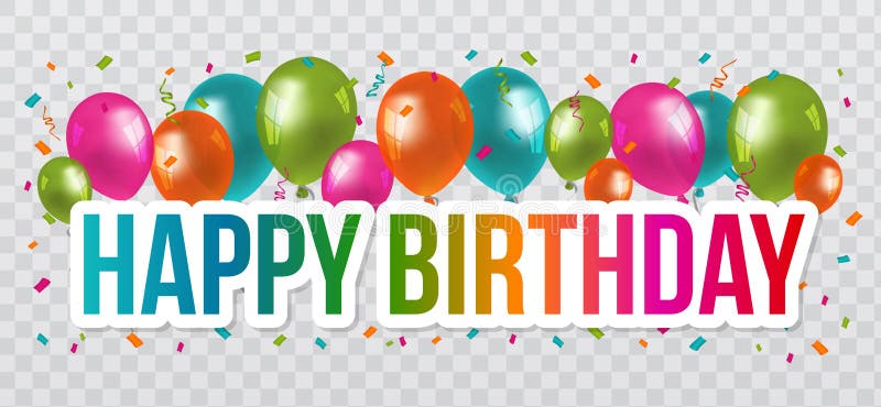 Hälsningar för lycklig födelsedag med bokstäver planlägger och ballonger genomskinlig bakgrund