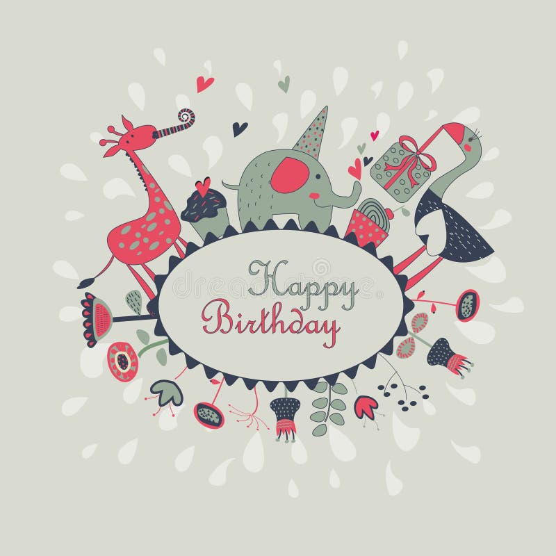 Happy birthday greeting card with cute elephant, ostriche, giraffe, flowers, cupcakes and hearts in cartoon style. Happy birthday greeting card with cute elephant, ostriche, giraffe, flowers, cupcakes and hearts in cartoon style.