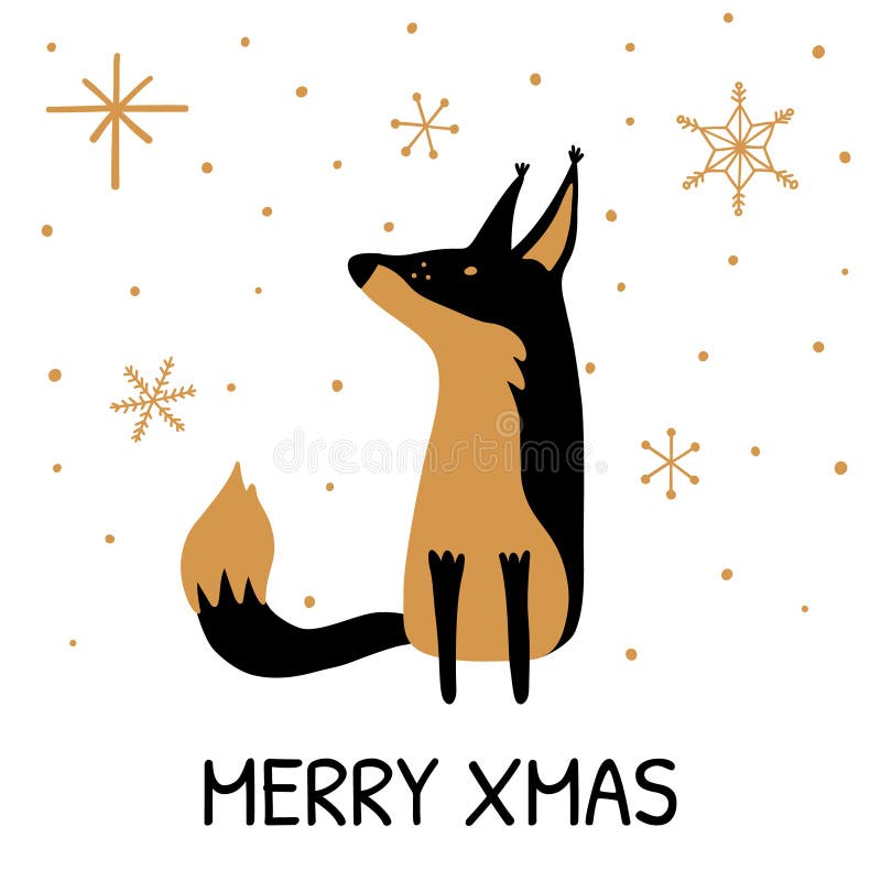 Hälsningkort med hand dragen gullig glad Xmas för räv och för inskrift stock illustrationer