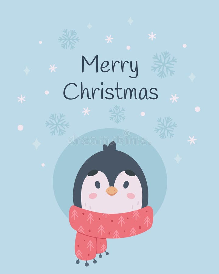 Hälsningskort för merry christmas. Söt penguin med scarf. Tjuveltid för juldjur. vektorillustration stock illustrationer