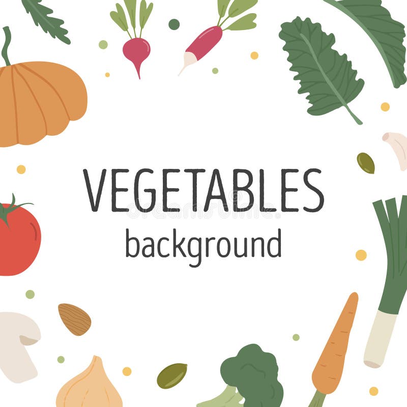 Hälsosam livsmedelsram med bakgrund för text. Utformning av kvadratiska kort med färska vitamingrönsaker. minimalistisk gräns med stock illustrationer