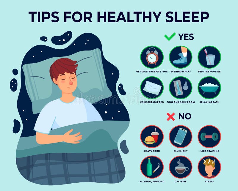 Healthy sleep tips infographics. Causes of insomnia, good sleep rules and man sleeps on pillow vector illustration. Healthy care recommendation for good sleep. Healthy sleep tips infographics. Causes of insomnia, good sleep rules and man sleeps on pillow vector illustration. Healthy care recommendation for good sleep