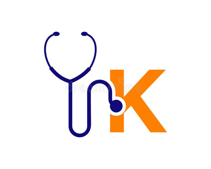 Hälsovårdslogotyp med k-bokstavskod. Beteckning för stetoskoplogotyp. logotyp för fonendoskop stock illustrationer