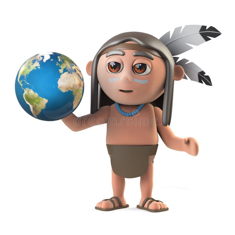 3d render of a funny cartoon Native American Indian warrior holding a globe of the Earth. 3d render of a funny cartoon Native American Indian warrior holding a globe of the Earth