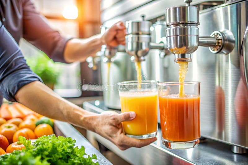 Hände, die einen gläserfüllenden Juice von einem Tank halten vektor abbildung