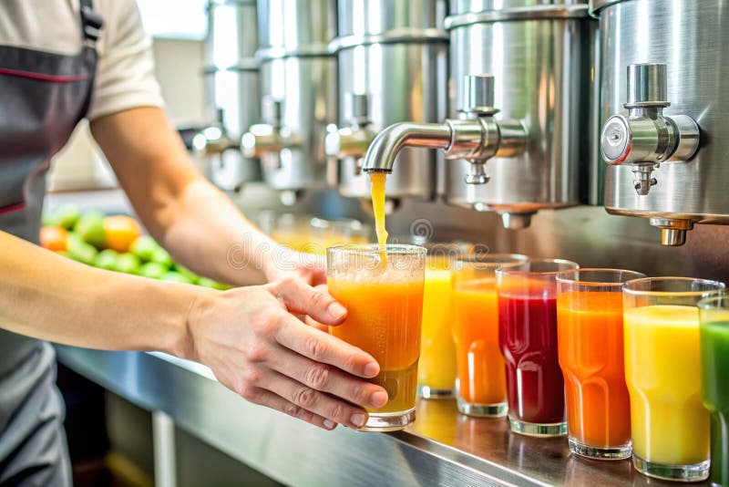 Hände, die einen gläserfüllenden Juice von einem Tank halten vektor abbildung